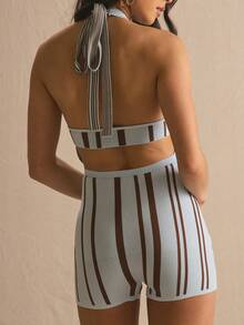 MUSERA Knit Stripe Tie Neck Jumpsuit Spring Summer Cosy Cute Daily Girly Vacation Sunlight Social - Multicolor - View 3