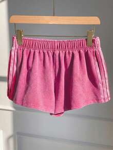 Comfortcana Rose Red Vintage Washed Knit Women's Wide Leg Casual Shorts - Hot Pink - View 5