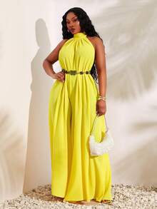 SHEIN SXY Bộ jumpsuit nữ cỡ lớn màu trơn, cổ yếm, dáng rộng, hở lưng, xếp ly, kiểu dáng thường ngày. - Màu vàng ngỗng - Xem 8