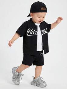 SHEIN Playful Pals Baby Boy Letter Graphic Shirt & Shorts With Tee Set - Black and White - View 1