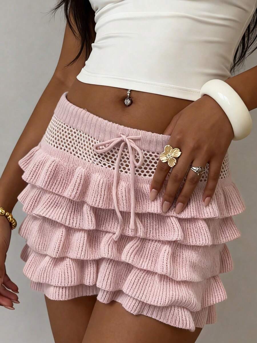 Selianne Elegant Frill Trim Tie-Up Women's Hollow Out Knit Skirt, Spring/Summer - Pink - View 1