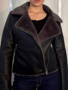 Aless PB 女式黑色 PU 皮革复合仿兔毛领夹克 - 黑色 - 查看 3