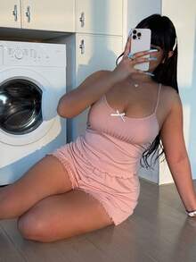 ZzzCrew Plus Size Dusty Pink Summer Pajama Set,Ribbed Solid Bow Camisole & Shorts Lounge Set, Nightdress 2 Piece Short Sets For Women,Family Matching - Pink - View 4