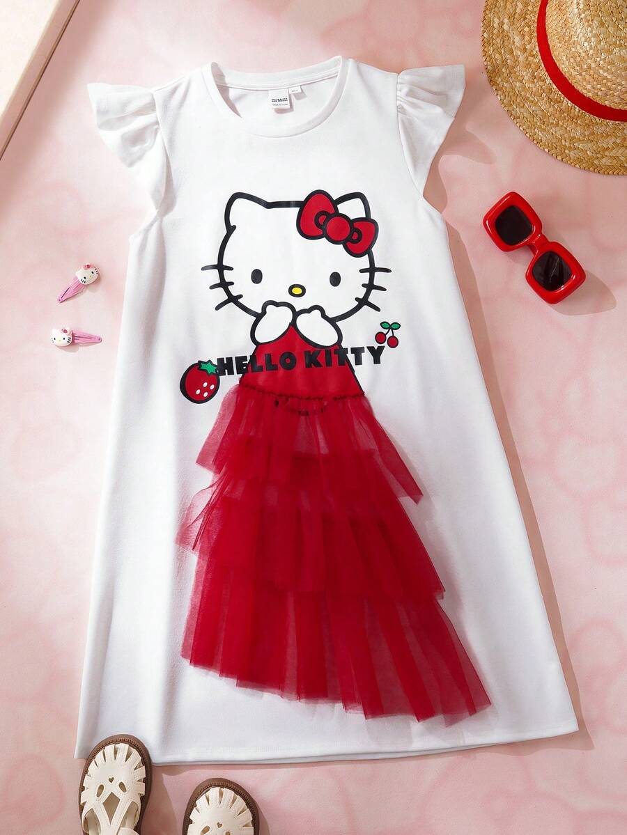 HELLO KITTY AND FRIENDS | SHEIN 少女休闲可爱卡通字母图案荷叶边袖口撞色网纱夏季连衣裙 - 彩色 - 查看 1