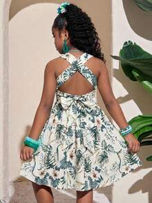 Travachic KIDS 少女夏季度假休闲碎花蝴蝶结系带露背连衣裙 - 綠色 - 查看 1