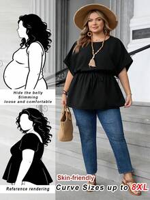 SHEIN CURVE+ 大码圆领蝙蝠袖休闲纯色衬衫，骄傲生活，LGBTQ女同性恋骄傲，女性骄傲，彩虹骄傲礼物，骄傲月可打印，女士夏季上衣，夏季上衣，度假女士，外出上衣，乡村音乐会，可爱夏季上衣/2026/新年 - 黑色 - 查看 1