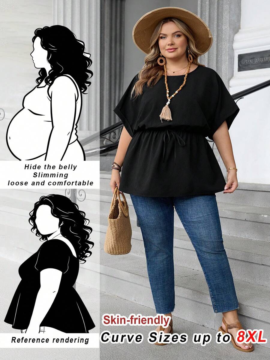 SHEIN CURVE+ 大码圆领蝙蝠袖休闲纯色衬衫，骄傲生活，LGBTQ女同性恋骄傲，女性骄傲，彩虹骄傲礼物，骄傲月可打印，女士夏季上衣，夏季上衣，度假女士，外出上衣，乡村音乐会，可爱夏季上衣/2026/新年 - 黑色 - 查看 1