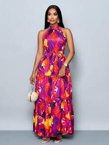 SOLERSUN Women's Fashionable Allover Print Halter Maxi Flowy Dress With Belt For Vacation (Random Floral) - Red Violet - View 3