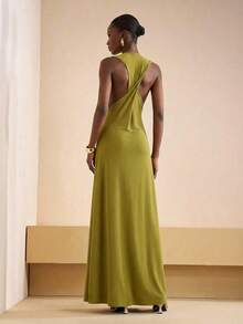 Zivah 2026春夏新款休闲通勤风纯色芥末黄圆领扭结露背女式长裙。适合度假、旅行、西部风情、海滩、游牧生活、约会、情人节、婚礼季、海滩、节日、日常出行、派对、购物、机场穿搭和早午餐穿搭。 - 芥末黃 - 查看 2