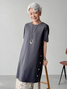 FRIFUL Áo thun nữ màu xám trơn, 100% cotton, xẻ tà bên hông, dáng rộng, thoải mái, đa năng. - Xám - Xem 8
