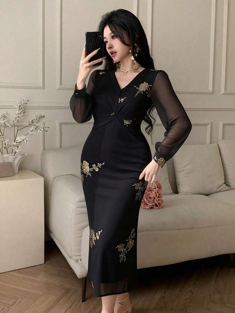Women's Elegant Party Floral Sequin Embroidery Dress Sundress
