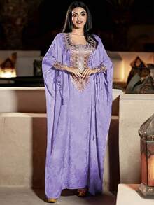 Layrah Áo choàng cánh dơi thêu jacquard vàng sang trọng dành cho tiệc tùng. - Màu tím - Xem 5