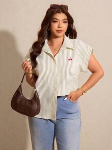 Elaquor Plus Size Women Striped Batwing Short Sleeve Single-Breasted Casual Shirt Summer Casual Vacation Blouse For Women - Yellow - View 8