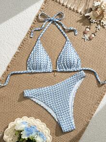Swim Vcay 2pcs Textured Halter Neck Tie Bikini Set, Spring/Summer - Blue and White - View 2