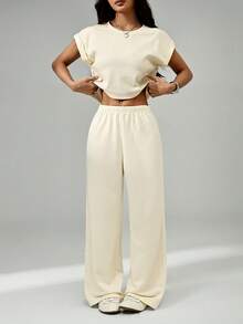 SHEIN PETITE Apricot T-Shirt And Pants Women's Loungewear Set, Suitable For Spring And Summer - Apricot - View 7