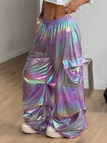 Coolane Women's Summer Streetwear Going Out Music Festival Outfits Fashionable Drawstring High Waist Wide Leg Cargo Pants With Holographic Effect Festival Bottoms Y2k Holographic Pants Iridescent Pants Wide Leg Pants Rave Pants - Purple - View 3