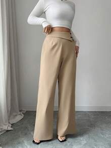 Elenzga 新款斜扣直筒裤，修身垂坠宽松休闲办公女裤 - 卡其色 - 查看 5