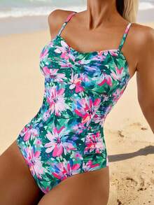 Swim Lushoire Traje de baño de una pieza con estampado floral aleatorio, fruncido y retorcido, para mujer, para verano, playa y vacaciones - Multicolor - Ver 1