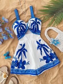 Teen Girls Bodysuits & Jumpsuits Blue White Vacation Palm Tree Print Cutout Waist Jumpsuit Summer Outfit ,Floral Jumpsuit Vacation Holiday Casual Outfit Summer Clothes - Blue and White - View 1