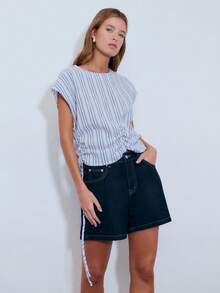 Nöista Boxy, Loose Fit Top In Blue And White Vertical Stripes. - Blue - View 4
