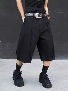 Manfinity EMRG Men's Loose Fit Casual Pocketed Wide Leg Denim Shorts - Black - View 4