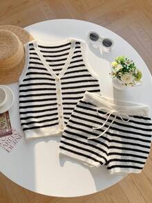 SHEIN EZwear New Summer Festival  Beach Vacation 2pcs Vacation Casual Striped Knit Vest And Shorts Set - Apricot - View 6