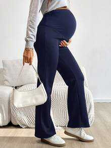 Modmama Maternity Solid Color Adjustable Waist Casual Flare Pants - Navy Blue - View 3
