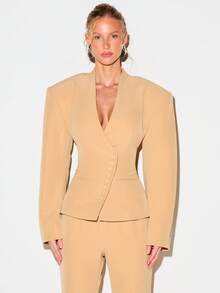 KIZN 女士米色灯笼袖纽扣前襟修身西装外套，深V领设计，适合专业工作和办公室穿着。 - 黃色 - 查看 6