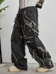 GALLERY FADE Men's Casual Street Style Distressed Flared Leg Grey Jeans - Dark Grey - View 5