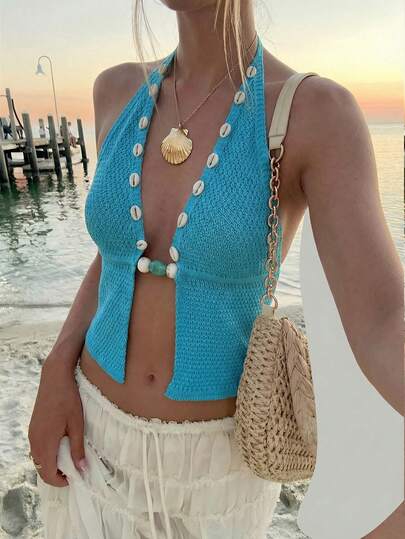 Aloruh Women's Pure Blue Hand-Crocheted High-Slit Deep V-Neck Top, Summer Wear, Bohemian Style, Suitable For Summer Tropical Resorts, Rave Festivals, Country Concerts, Bohemian Street Parties In Western Ibiza, Etc. Women's Beach Vacation Wear, Bohemian Tropical Vacation Wear, Women's Vacation Wear, Summer Holiday Outfits Suitable For Daily Work, Back-To-School Season, Afternoon Tea, Summer Music Festivals, Easter, St. Patrick's Day, Western Style, Nomadic Style, Birthday Parties, Graduation Ceremonies, Preppy Style, School Uniforms, Everyday Wear, Casual Wear, Vacations, Cruise Travel, Beaches, Sunbathing, Best-Selling Items, Street Style, Wedding Guests, Bohemian Style, Commuting, Brunch, Airport Fashion.
