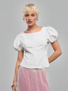 COUREZ Petal Sleeve BUTTON FRONT TEXTURED SHIRT - Beige - View 4