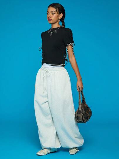 COUREZ 短款泡泡袖系带T恤 / Y2K 春季女装 黑色短袖上衣 外出上衣 夏季穿搭 夏季上衣