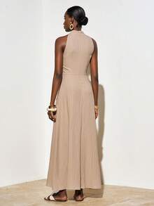 Zivah Women's Solid Color Halter Neck Ruched Vintage Style Long Dress, Suitable For Dates, Parties Resort Dresses Vacation Dresses For Dinner Neutral Dresses For Women Wrap Around Dresses For Ladies Yacht Dress Wrap Dress Wedding Guest Wow Dress - Khaki - View 4