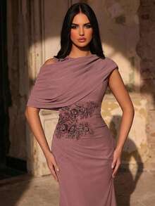 Aureia Women's Elegant Gray-Pink Chiffon Fabric Round Neck Sheer Long Sleeve Ruched Sequin Applique Micro-Mermaid Hem Dress, Suitable For Mother Of The Bride Weddings, Events, Parties, Formal Occasions Mauve Formal Dress Evening Gown Mother Of Groom Dress Mother Of The Bride Dresses Elegant Dress Dress Elegant Evening Dress - Rust Brown - View 2