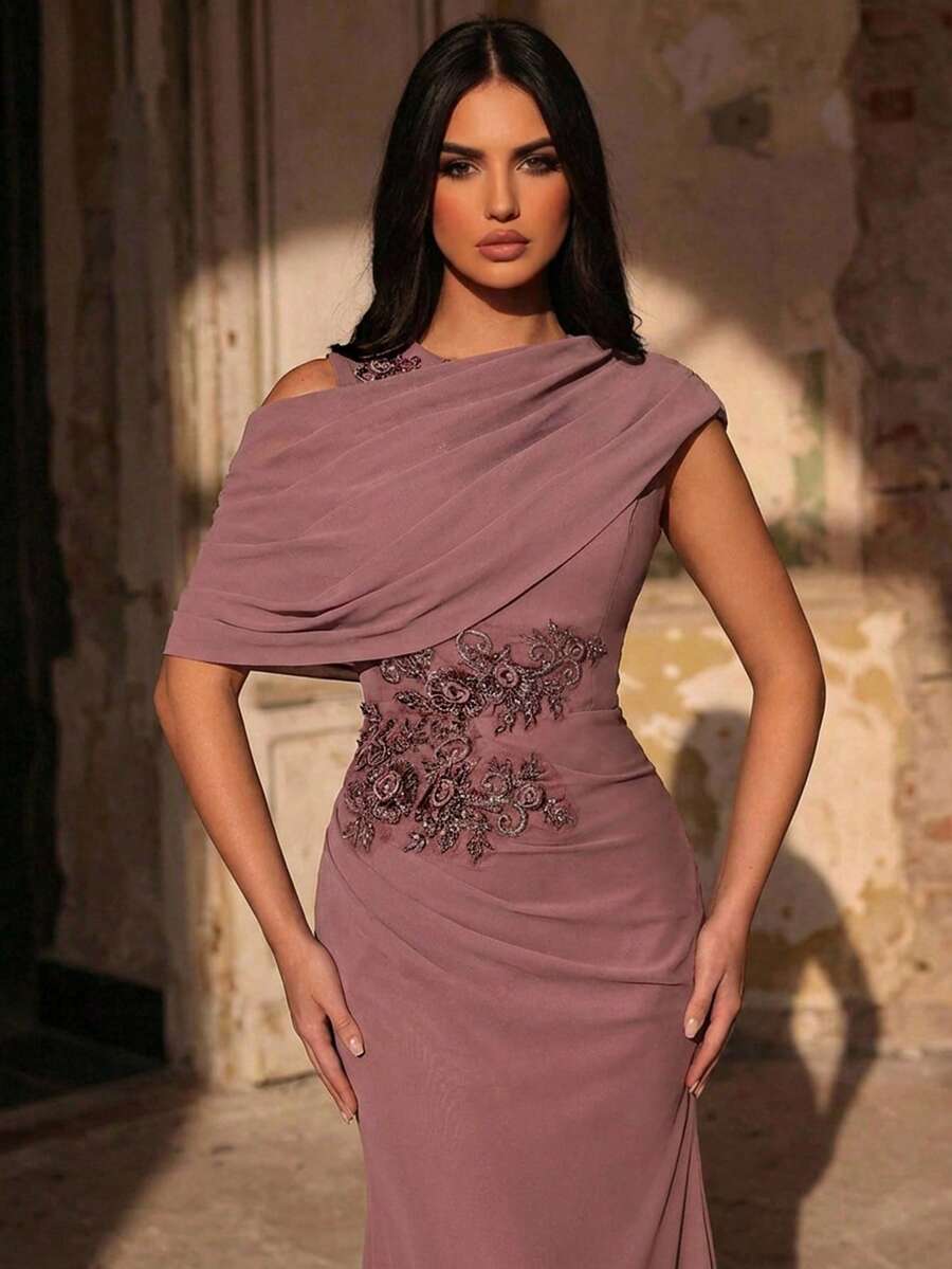 Aureia Women's Elegant Gray-Pink Chiffon Fabric Round Neck Sheer Long Sleeve Ruched Sequin Applique Micro-Mermaid Hem Dress, Suitable For Mother Of The Bride Weddings, Events, Parties, Formal Occasions Mauve Formal Dress Evening Gown Mother Of Groom Dress Mother Of The Bride Dresses Elegant Dress Dress Elegant Evening Dress
