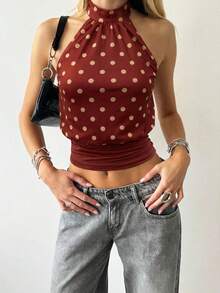 Lumalex Blusa elegante de mujer de cuello redondo con lazo, sin mangas, ajustada, de tela de punto con parches de malla a lunares rojos, para primavera/verano - Rojo - Ver 4