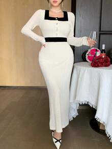 DAZY Elegant,Black And White,Office,Autumn Textured Lace Dress,Metal Buckle Decor Fitted Waist Long Sleeve Midi Dress For Women,Formal Wedding Party Wear - Beige - View 4