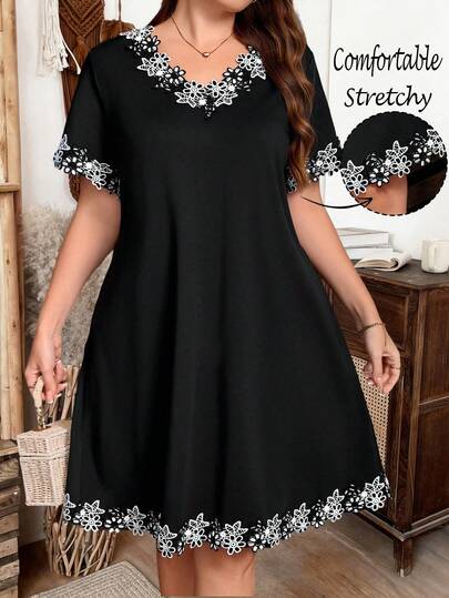 EMERY ROSE Plus Size Women's V-Neck Short Sleeve A-Line Loose Casual Dress, Lace Knit Fabric, Elegant, Versatile For Daily, Vacation, Work, Spring/Summer Embroidered Dress Plus Size Black Summer Dress Women Casual Black Dress