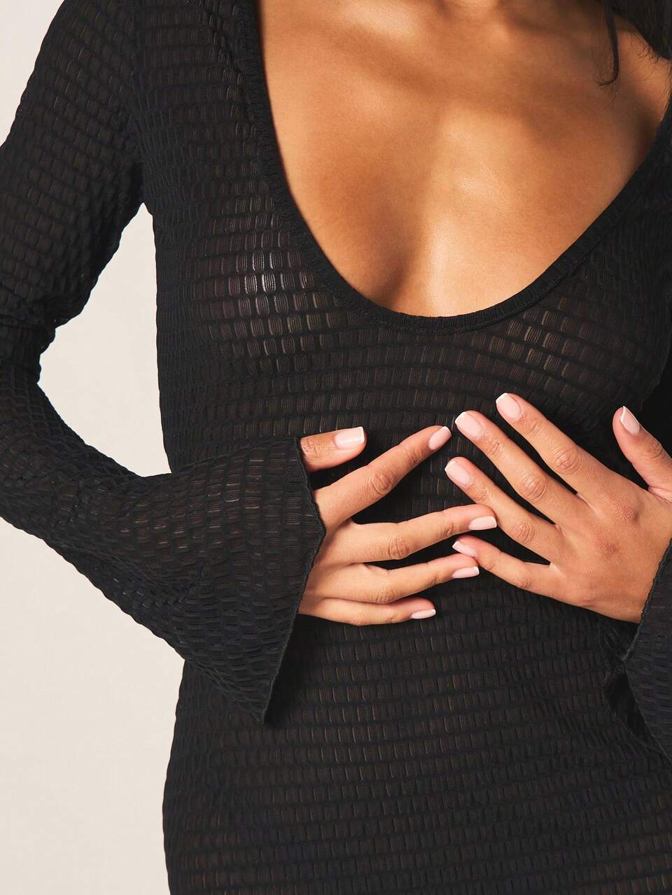 MISSGUIDED Women's Long Sleeve Black Textured Maxi Dress With Deep V Neckline Side Slit Beach Night Cover Up Knit Style Summer Sexy