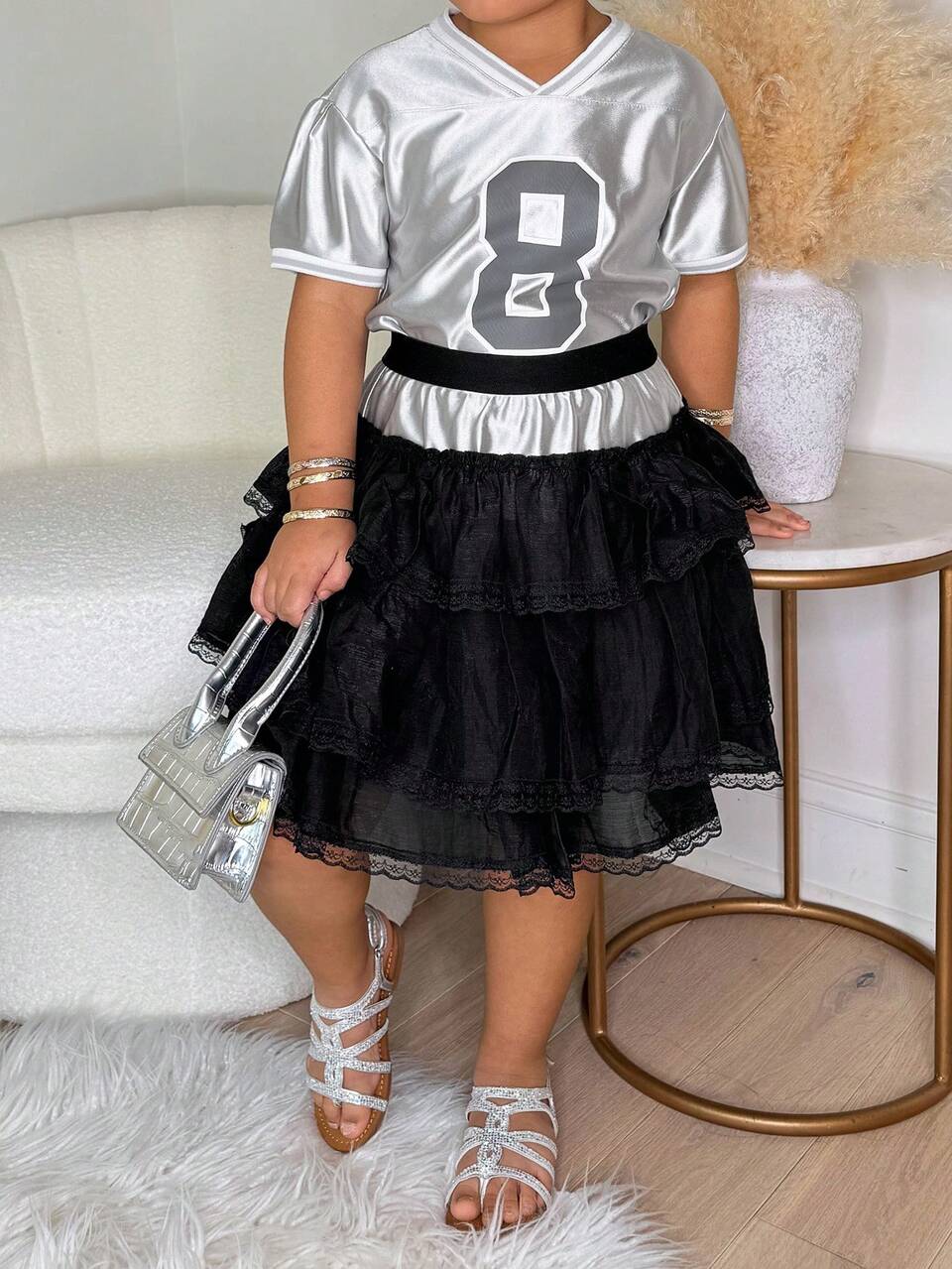 Young Girls V-Neck Letter Print Mesh Short Sleeve T-Shirt & Ruffle Hem 2pcs Set