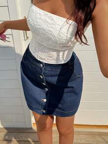 Sunnyshic Women's High Waist Single-Breasted Pocket Casual Denim Skirt - Blue - View 6