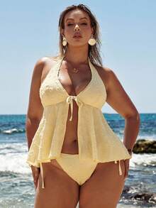 SHEIN BAE Plus Size Swimwear Women, Dopamine Gorgeous Bikini Two Pieces Set, Sexy Fashion Beach Holiday Slimming Summer Vacation - Yellow - View 4