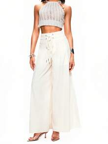 TypaGal 女士纯色系带阔腿宽松休闲裤 - 白色 - 查看 4