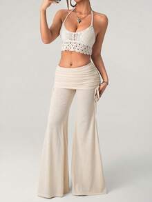 SHEIN ICON Quần ống loe màu trơn dành cho nữ, cạp gập, có dây rút bên hông. - Màu be - Xem 7