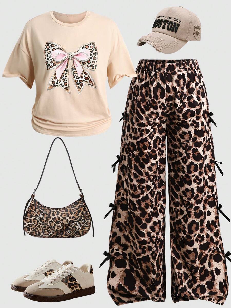 SHEIN 少女两件套宽松针织蝴蝶图案和豹纹印花T恤，可爱休闲街头风穿搭 - 杏色 - 查看 1