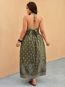 Elaquor Đầm nữ cỡ lớn kiểu dáng thường ngày hở lưng cổ yếm với họa tiết paisley. - màu xanh lá - Xem 6