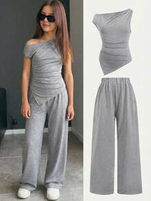 SHEIN 少女休闲不对称下摆修身针织上衣和直筒裤套装，浅灰色，春夏款 - 淺灰色 - 查看 1