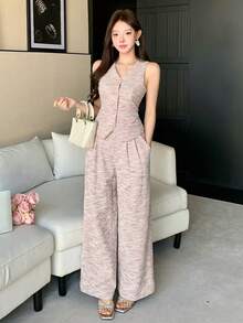 DAZY Women's Elegant Textured Faux Pocket V-Neck Vest And Wide Leg Pants 2-Piece Set, Spring/Summer - Pink - View 10
