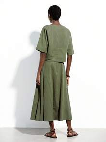 Aveloria Modichic Women's Two-Piece Set Faux Linen Textured Fabric Army Green,Summer,Casual,Occasion H-Line Straight Fit Loose Crop Top Boat Neck Retro Vacation Outfits - Green - View 3