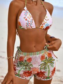 Swim Vcay Set di bikini annodato sexy da donna con top a canotta e pantaloncini in rete abbinati con stampa, adatto per vacanze, primavera/estate - Multicolore - Visualizzare 2